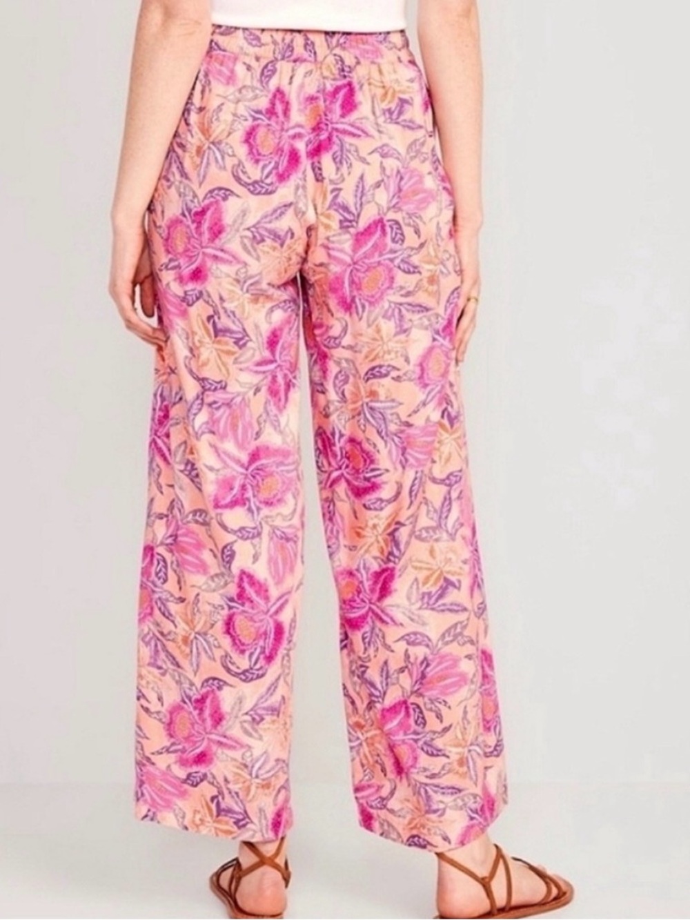 Old Navy high waisted Playa Floral Wide-Leg Beach Pants in Pink Peach Large - Picture 2 of 10